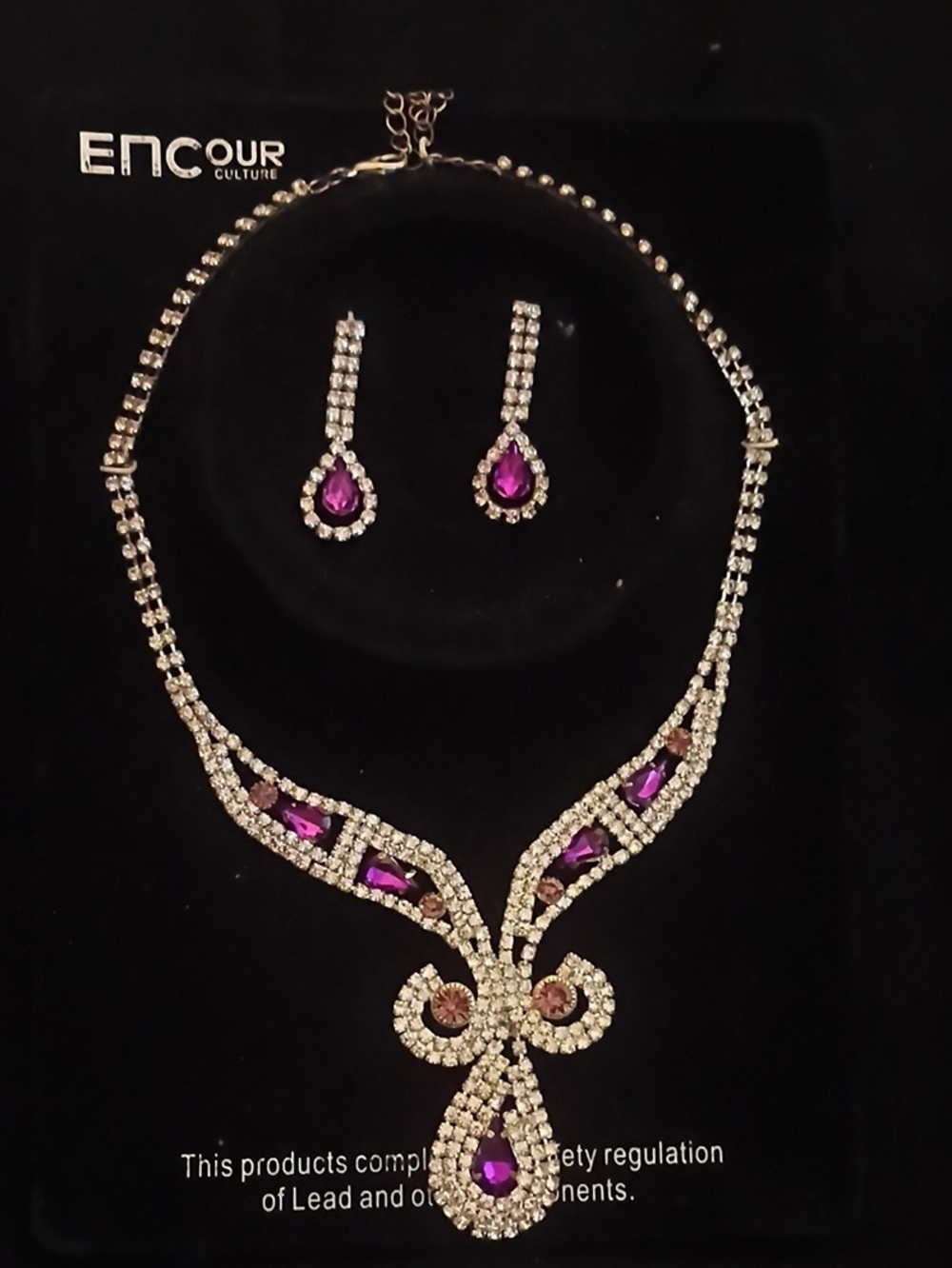 ENCOUR Purple Teardrop Crystal Necklace and Earring Set